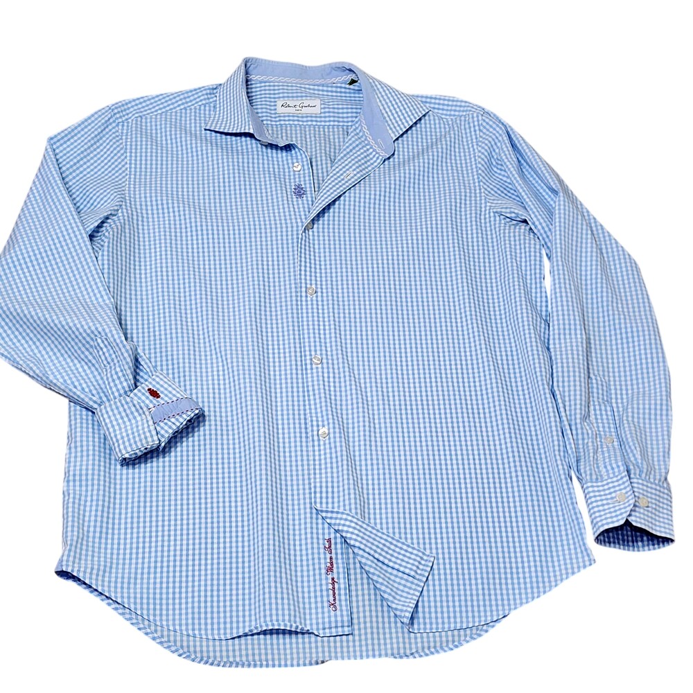 Robert Graham Shirt Mens Large Blue Check Long Sleeve Embroidered Cotton Casual